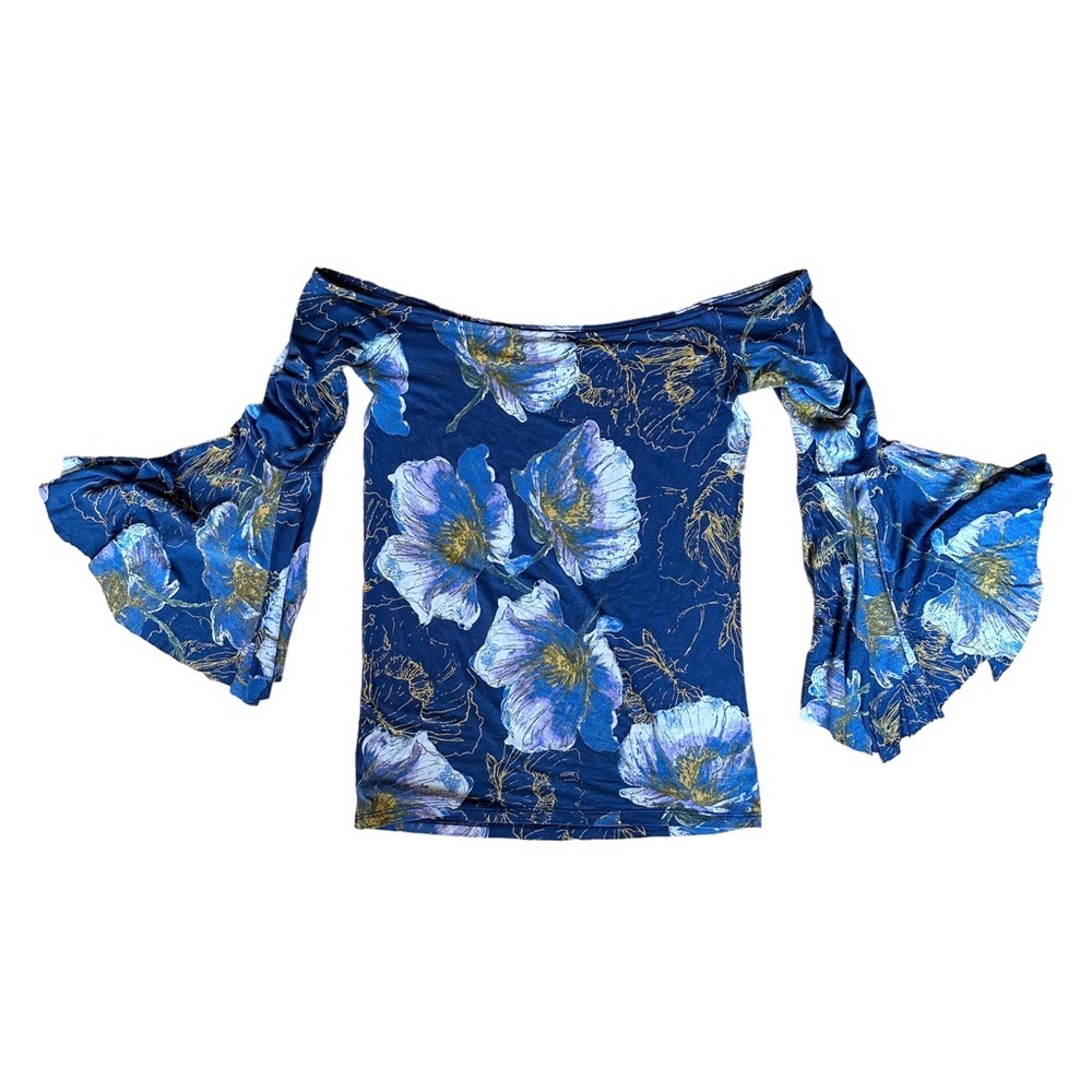 Free People | Birds of Paradise Blue Off Shoulder Floral Bell Sleeves Top Size S - Picture 2 of 9